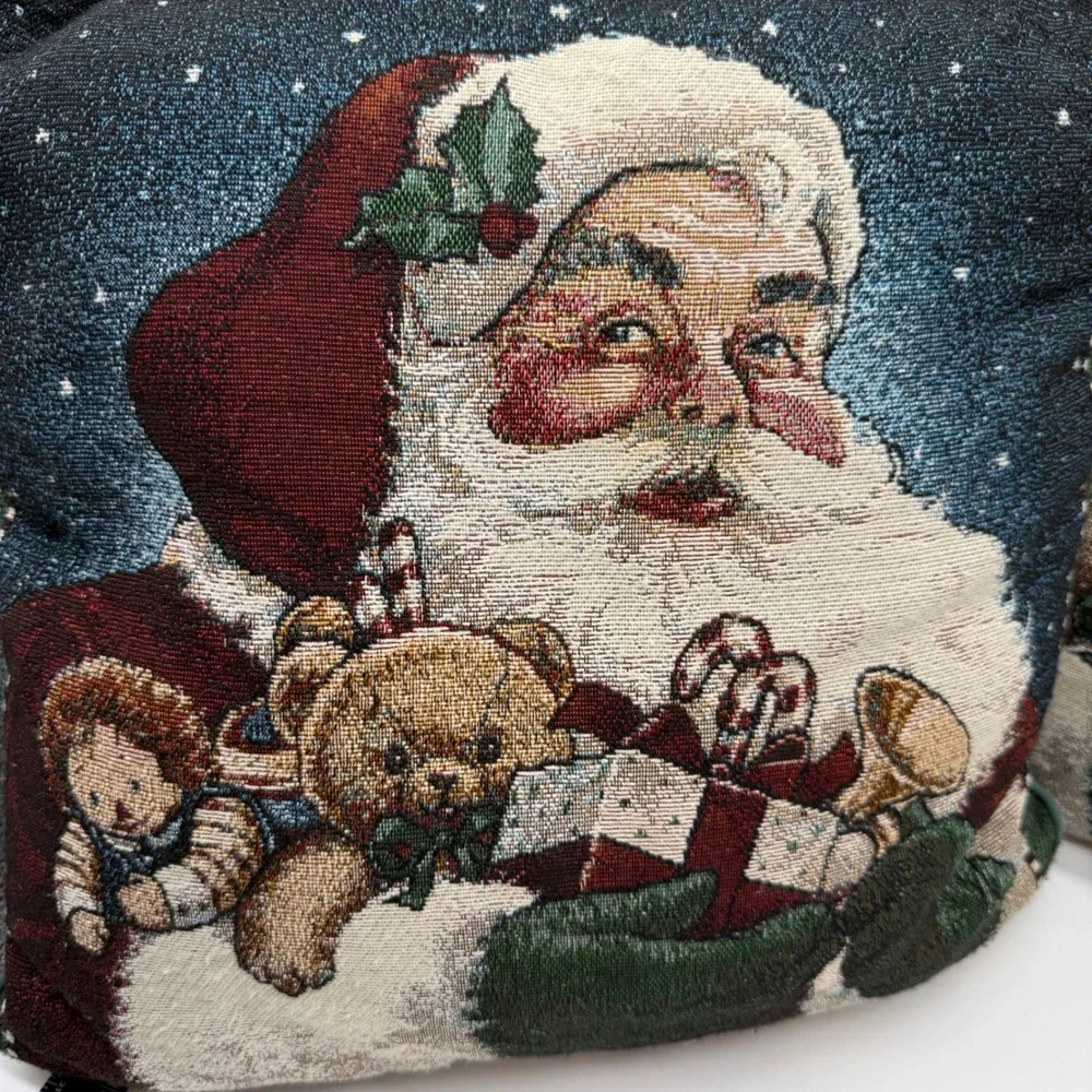 Vtg Christmas Tapestry Santa Claus Woven Throw Pillows Green Set 2 grandmacore